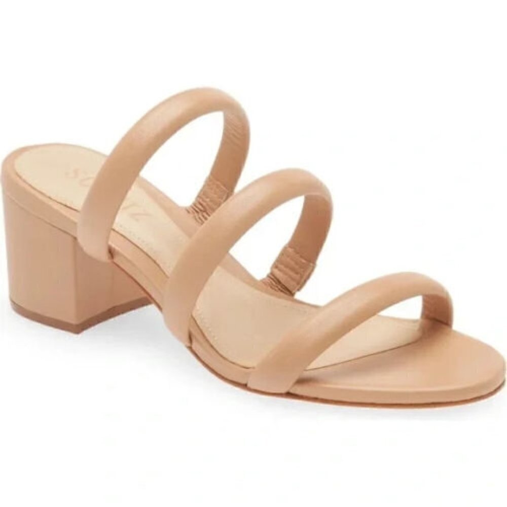 Schutz‎ Olly 3 Strap Nude Leather Round-Toe Block-Heel Sandals SZ 10